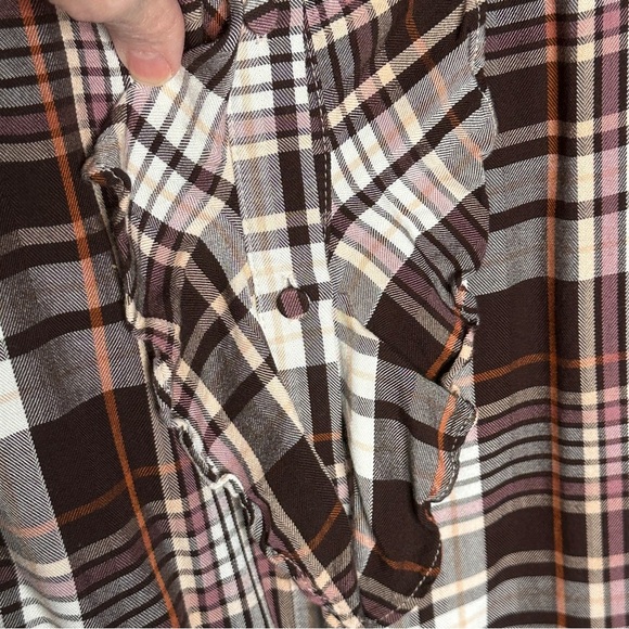 Chicos Size 4 Ruffle Front Brown Plaid Button Front Blouse Top Office Business - Picture 8 of 12